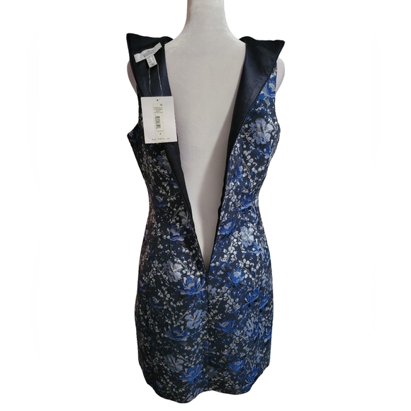 Badgley Mischka Size 8 Navy Blue Silver Floral Sheath Kurstin Dress w/ Pockets - Picture 6 of 12
